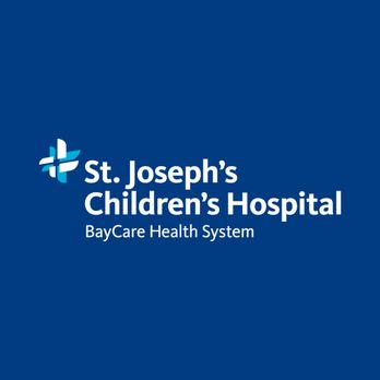 St. Joseph's Children's Hospital logo on a blue background, with BayCare Health System text