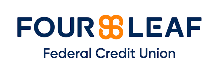 FourLeaf Federal Credit Union logo: blue text with an orange clover-shaped symbol between 'FOUR' and 'LEAF'.