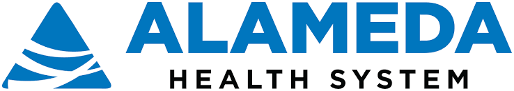 Alameda Health System logo with a blue triangular icon and bold blue text reading 'ALAMEDA' and 'HEALTH SYSTEM' below.