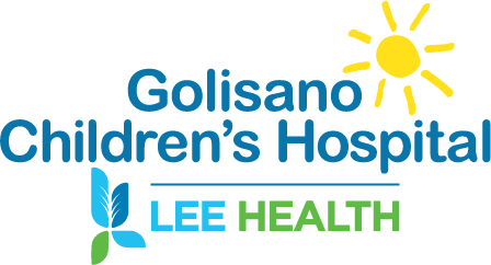 Logo for Golisano Children's Hospital featuring a yellow sun and blue text, paired with the Lee Health logo in blue and green with a leaf motif.