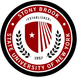 Seal of Stony Brook State University of New York with a red shield, star, rays, laurel branches, and the year 1957.