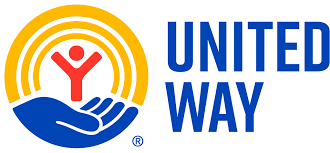United Way logo: red abstract figure with raised arms inside yellow arcs above blue hands, with 'UNITED WAY' in blue text on the right.