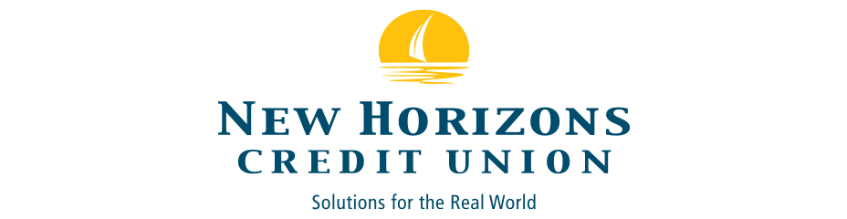 Logo for New Horizons Credit Union with a yellow sun and sailboat over blue water, plus the slogan “Solutions for the Real World”.