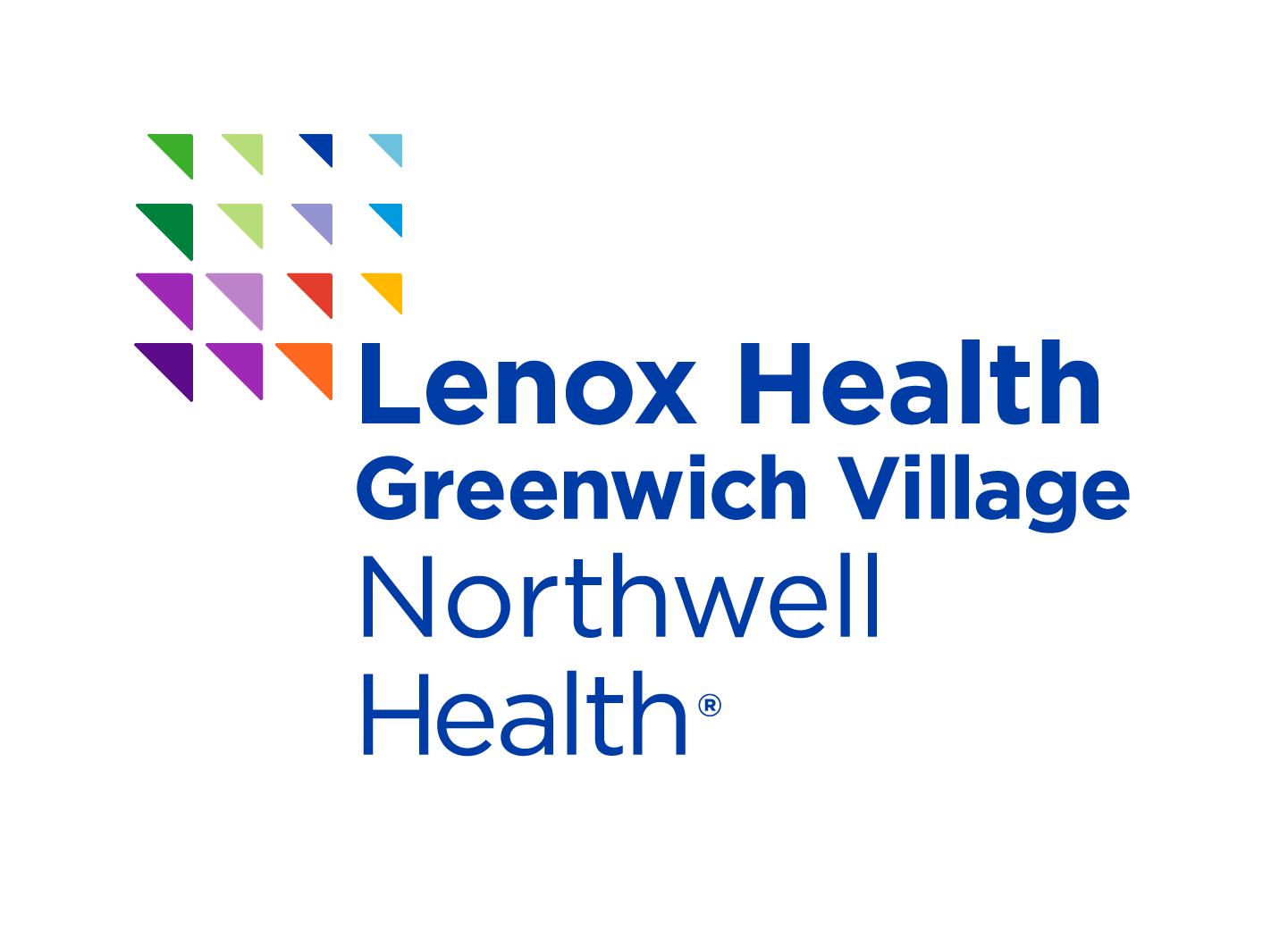 Logo for Lenox Health Greenwich Village, featuring a left grid of multicolored triangles and blue text reading 'Lenox Health Greenwich Village Northwell Health'