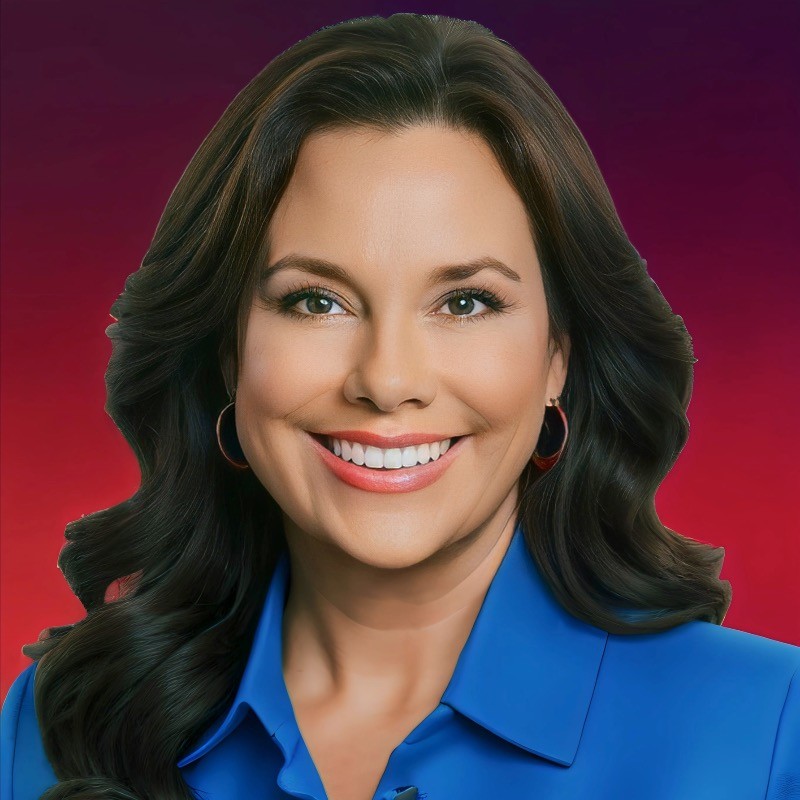 Professional headshot of a smiling woman with brown hair wearing a blue blouse against a red gradient background.